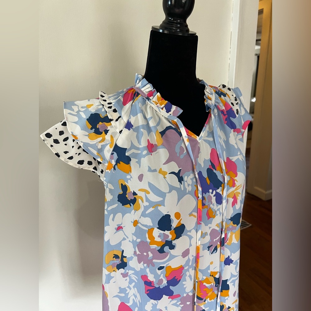 Floral Ruffle Sleeve Blouse w/ Dalmatian Print Detail | Colorful Boho Top - Picture 4 of 7